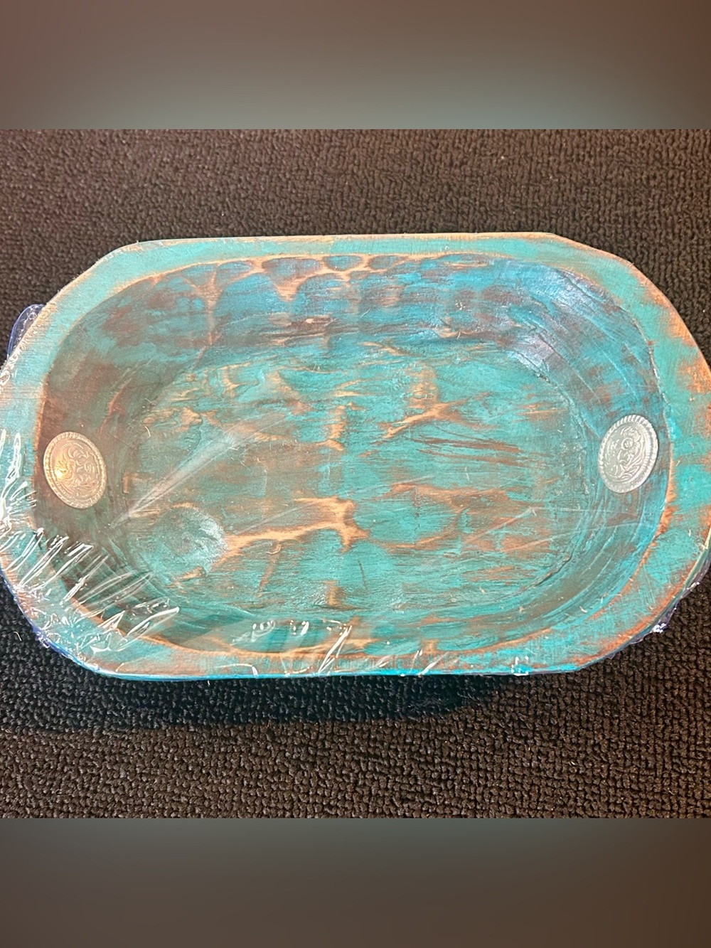 New!Stunning Southwestern Turquoise Wooden Dough Bowl with Custom Concho Accents
